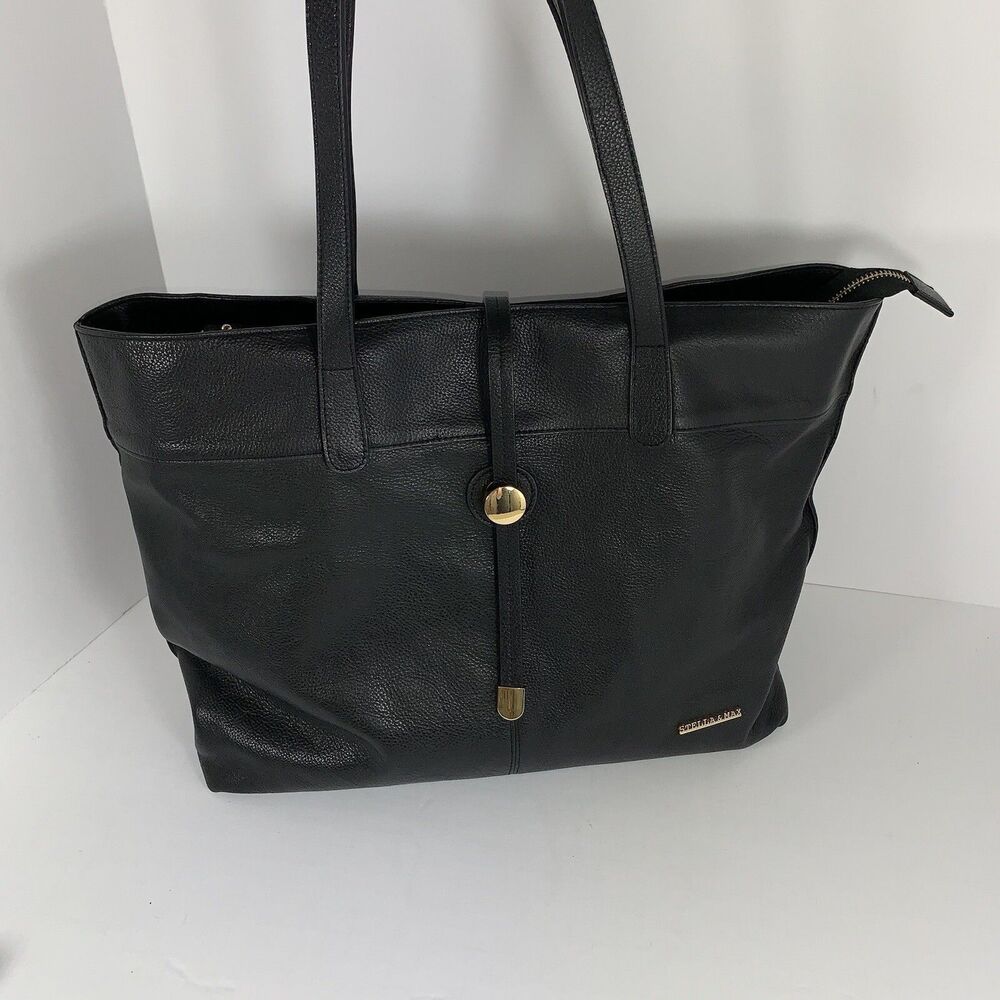 Stella & Max Leather Tote Hand Bag Purse BLACK Top Zip YKK Zipper